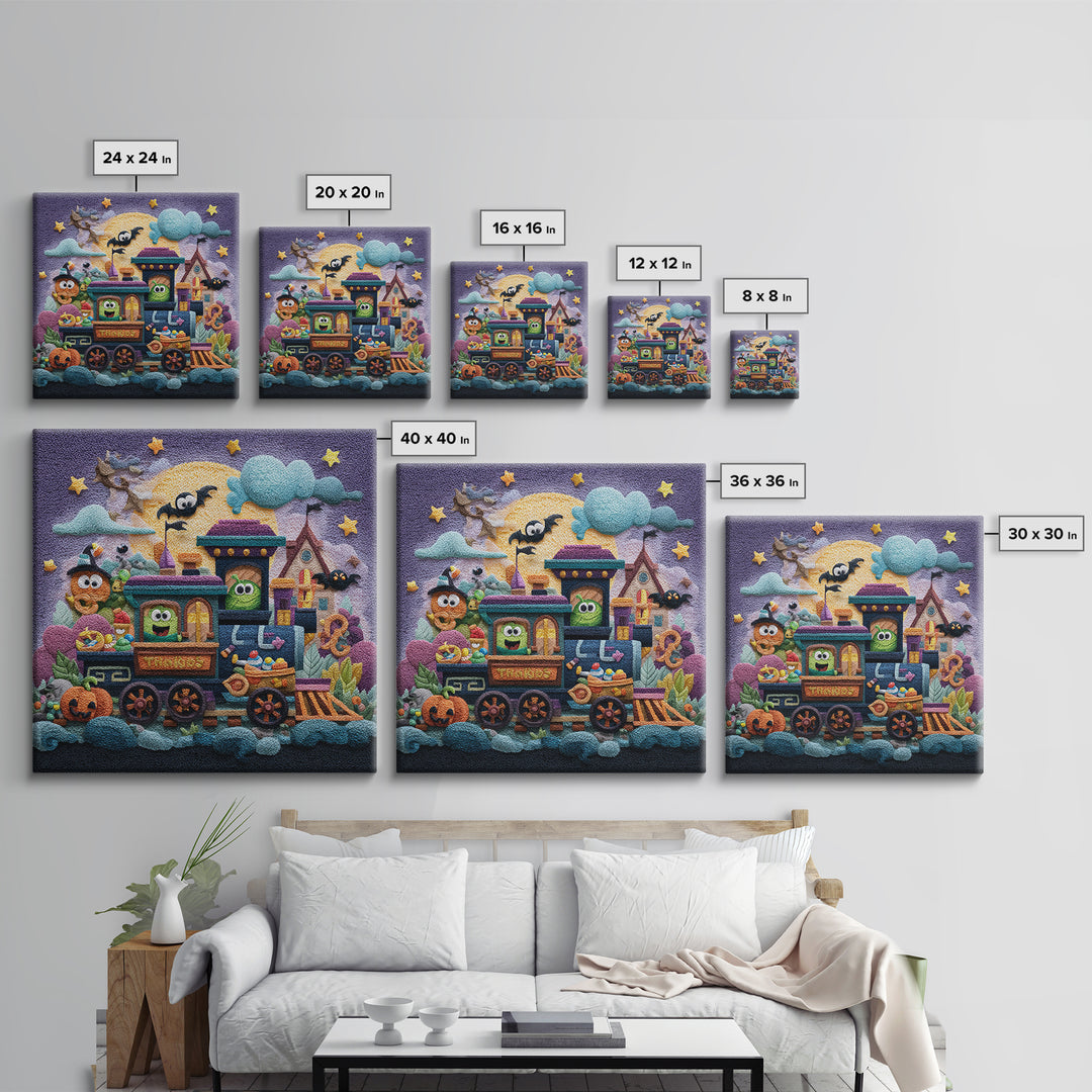 The Trick-Or-Treat Express, Plush Halloween Art, Square Wall Art, Canvas Print, Cute Halloween Wall Art