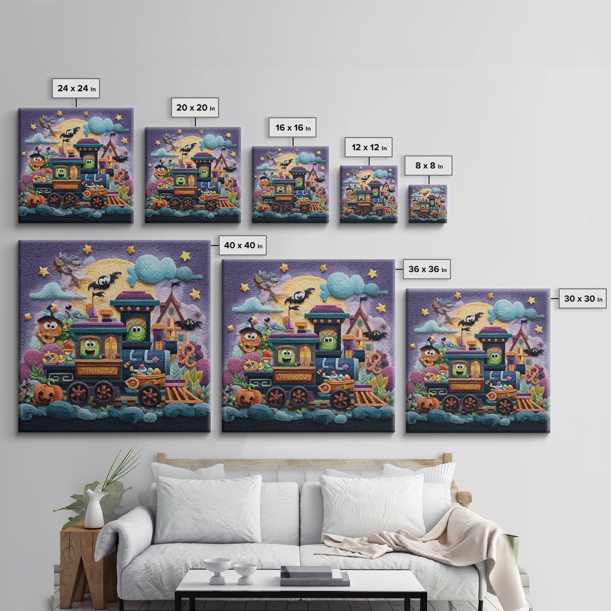 The Trick-Or-Treat Express, Plush Halloween Art, Square Wall Art, Canvas Print, Cute Halloween Wall Art