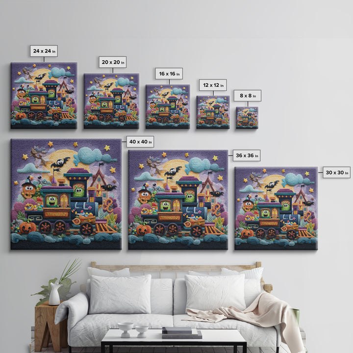 The Trick-Or-Treat Express, Plush Halloween Art, Square Wall Art, Canvas Print, Cute Halloween Wall Art