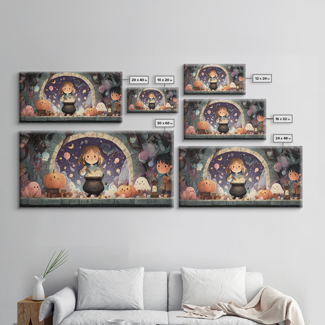 The Dreamwell Beneath Miskatonic, Kawaii Halloween Art, Wide Panoramic Art, Framed Canvas Print, Cute Halloween Wall Art