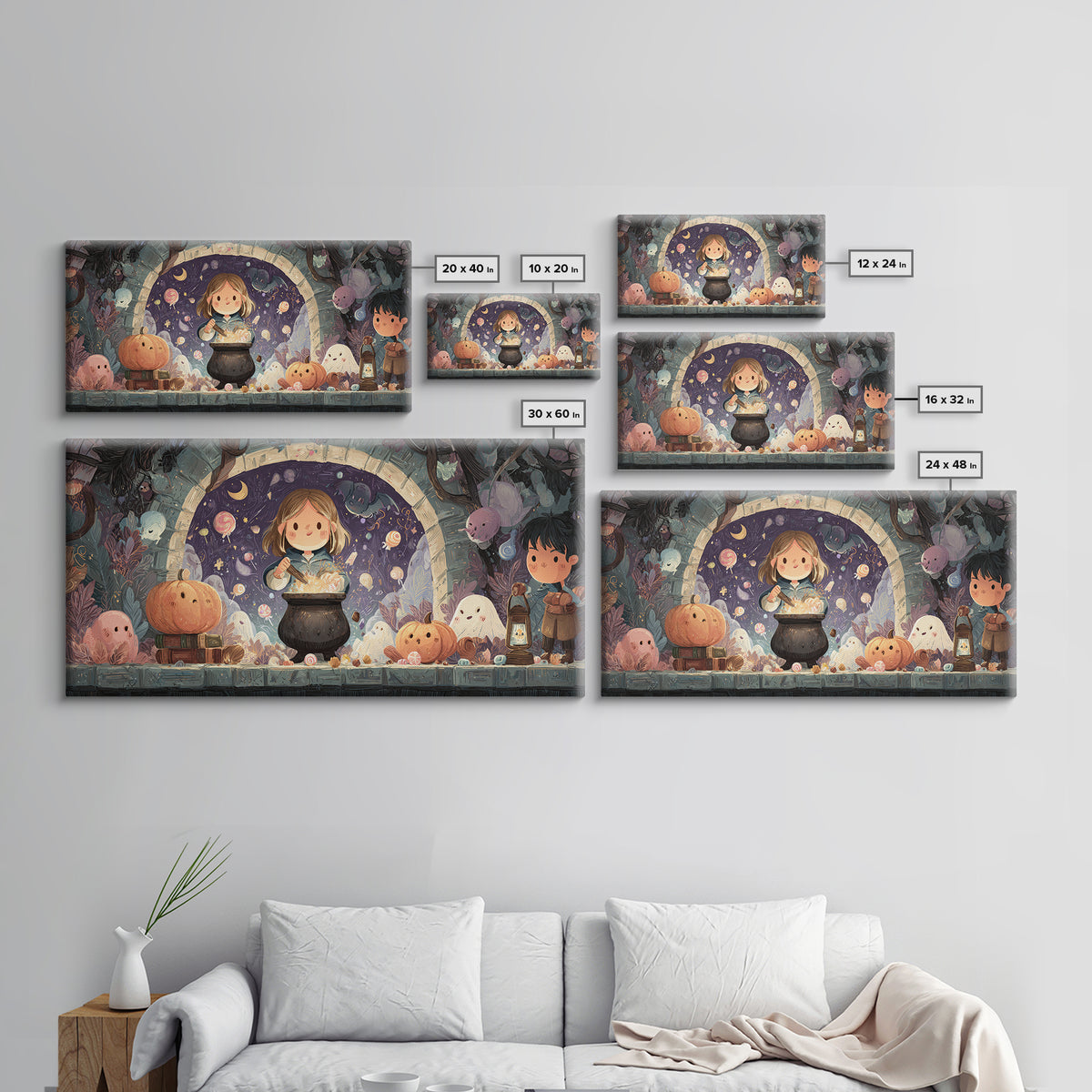 The Dreamwell Beneath Miskatonic, Kawaii Halloween Art, Wide Panoramic Art, Framed Canvas Print, Cute Halloween Wall Art