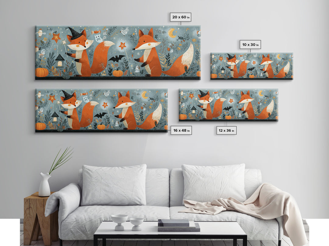 The Fox Wizard, Retro Halloween Art, Extra Wide Wall Art, Canvas Print, Cute Halloween Wall Art, Cozy Autumn Kids Decor