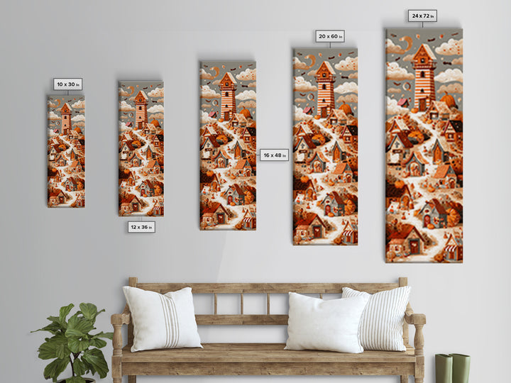 Candy Corn Village, Screenprint Halloween Art, Tall Narrow Wall Art, Framed Canvas Print, Cute Halloween Wall Art