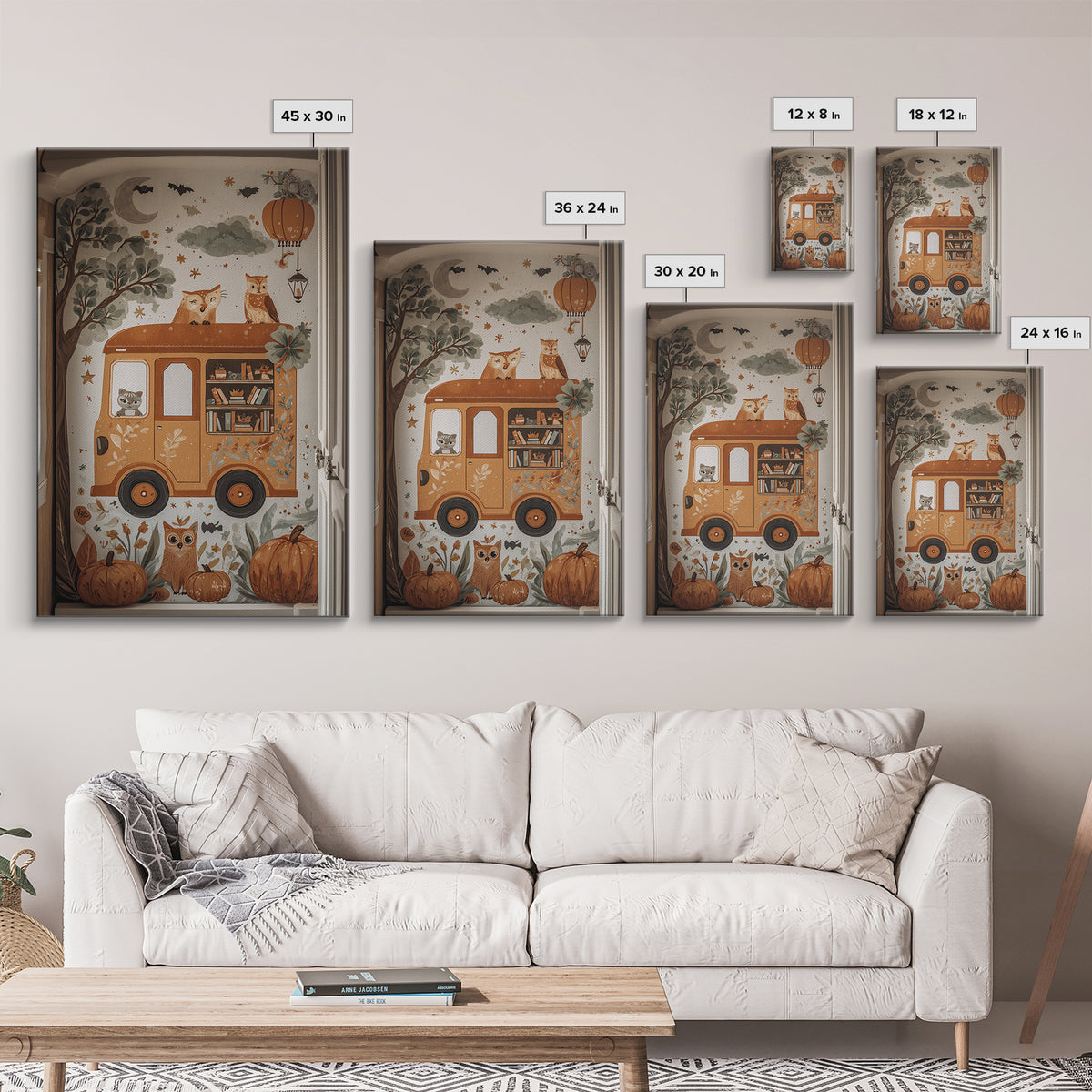 The Pumpkin Bookmobile, Folk Halloween Art, Vertical Wall Art, Canvas Print, Cute Halloween Wall Art