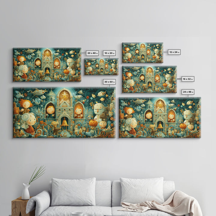 The Bellringer Of The Sunken Cathedral, Quilled Halloween Art, Wide Panoramic Art, Framed Canvas Print, Cute Halloween Wall Art
