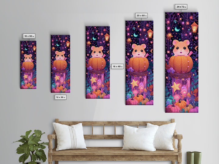The Pumpkin Hamster, Vaporwave Halloween Art, Tall Narrow Wall Art, Framed Canvas Print, Cute Halloween Wall Art