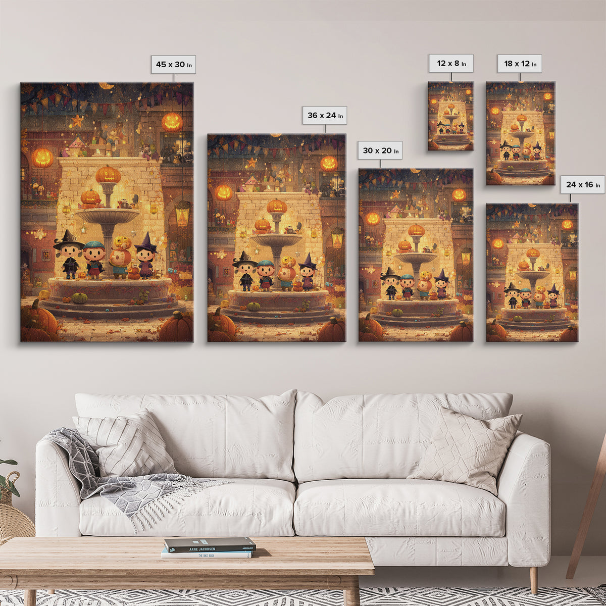 The Trick-Or-Treat Village Square, Pixel Halloween Art, Vertical Wall Art, Canvas Print, Cute Halloween Wall Art