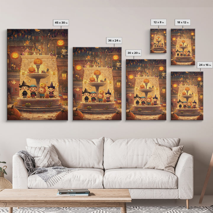 The Trick-Or-Treat Village Square, Pixel Halloween Art, Vertical Wall Art, Canvas Print, Cute Halloween Wall Art