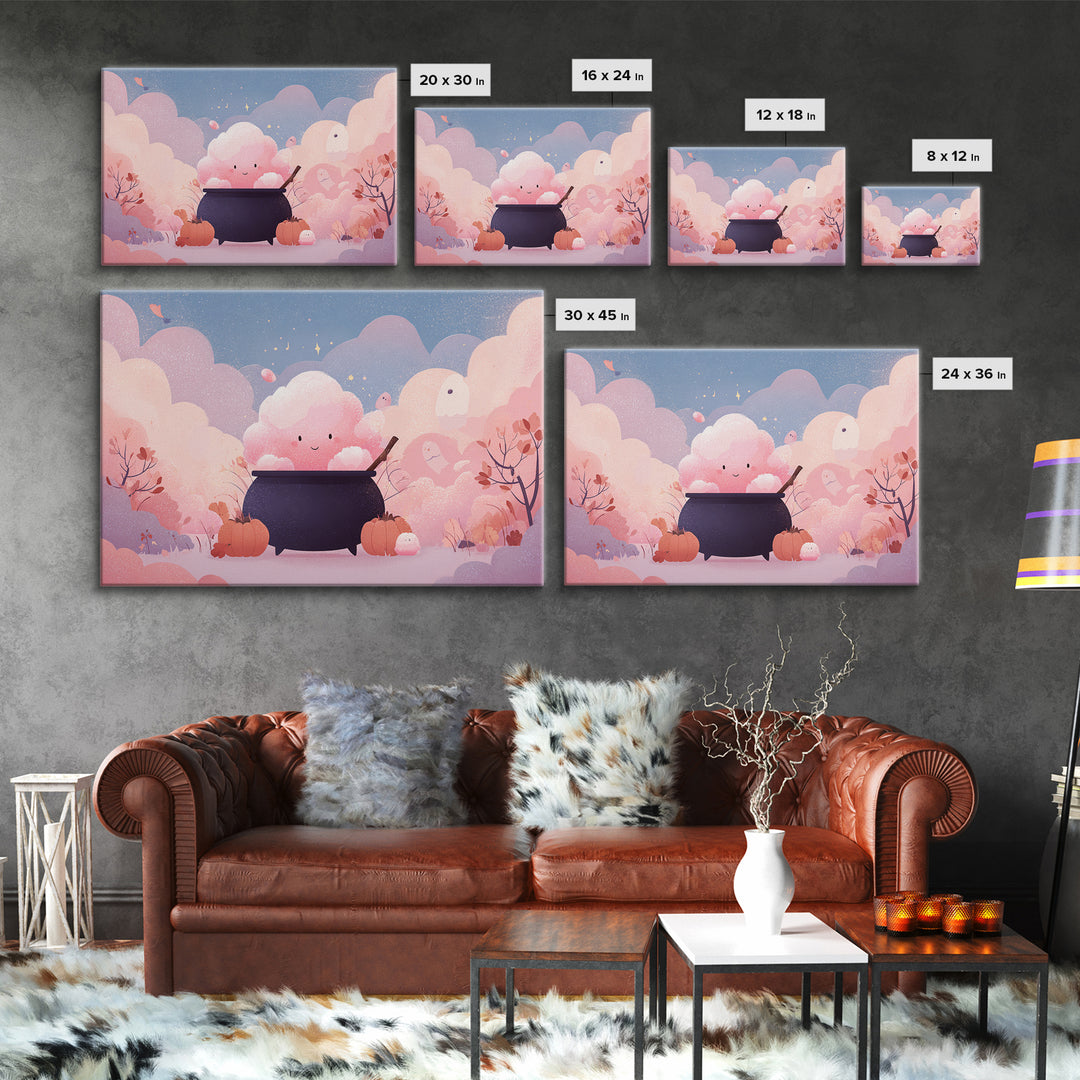 The Cotton-Candy Cauldron, Vector Halloween Art, Landscape Wall Art, Framed Canvas Print, Cute Halloween Wall Art