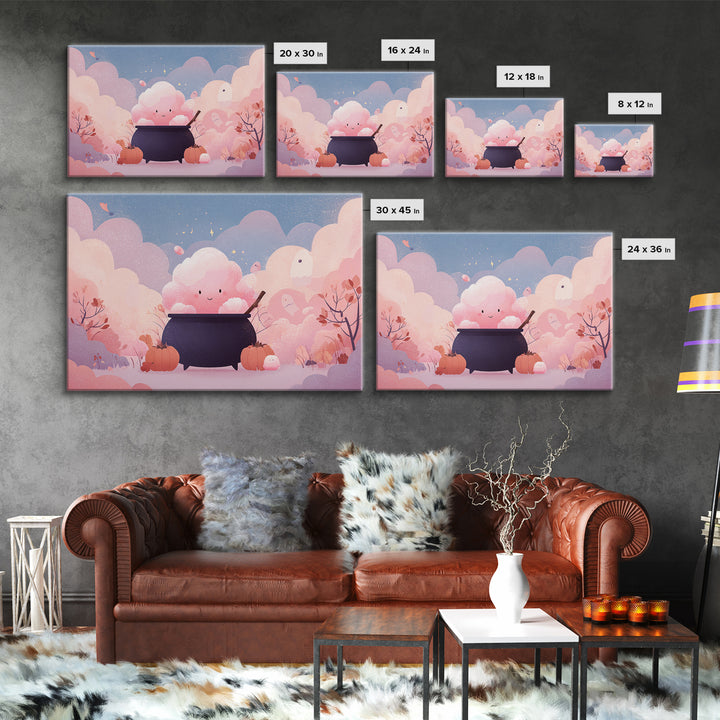 The Cotton-Candy Cauldron, Vector Halloween Art, Landscape Wall Art, Framed Canvas Print, Cute Halloween Wall Art