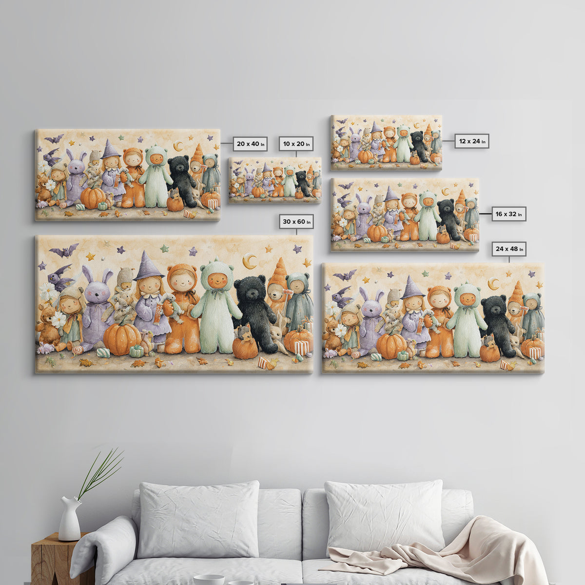 The Halloween Toy Kingdom, Watercolor Halloween Art, Wide Panoramic Art, Framed Canvas Print, Cute Halloween Wall Art