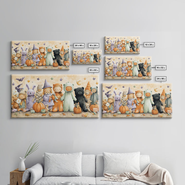 The Halloween Toy Kingdom, Watercolor Halloween Art, Wide Panoramic Art, Framed Canvas Print, Cute Halloween Wall Art