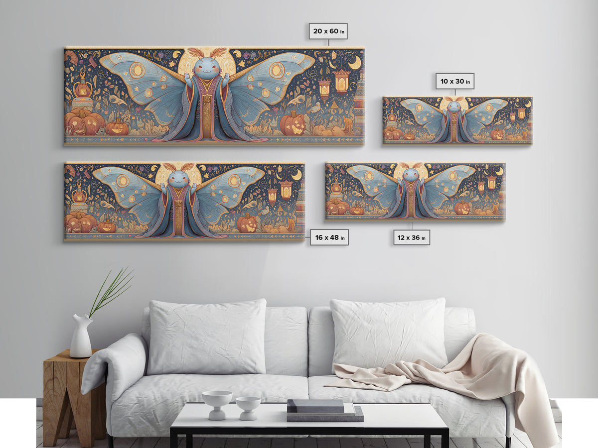 The Moth Prophet Of Kadath, Gouache Halloween Art, Extra Wide Wall Art, Canvas Print, Cute Halloween Wall Art