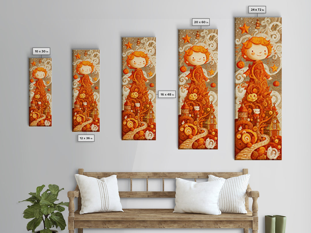 The Autumn Leaf Sprite, Crayon Halloween Art, Tall Narrow Wall Art, Framed Canvas Print, Cute Halloween Wall Art
