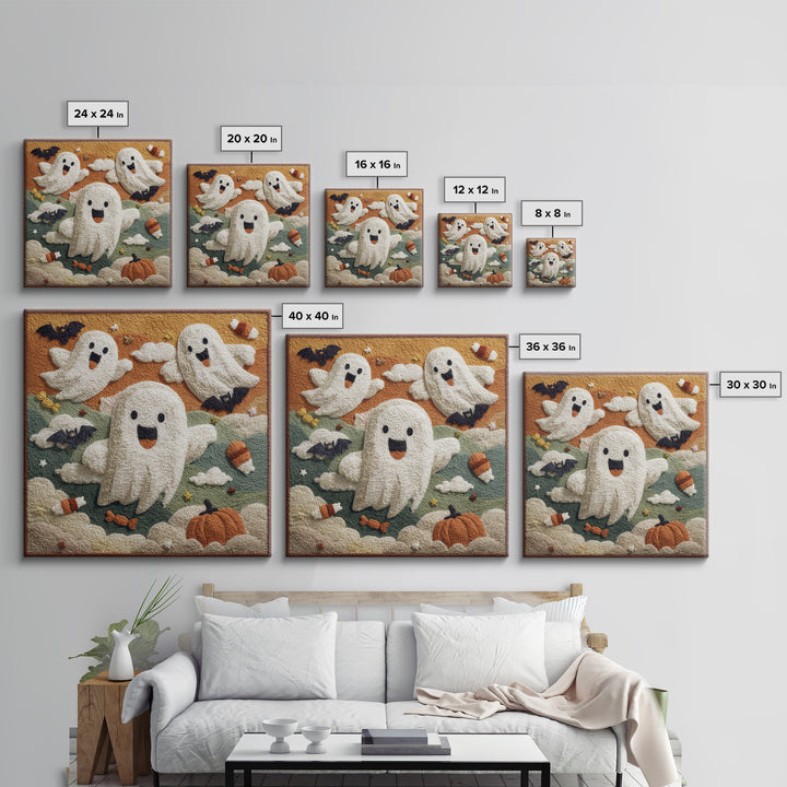 The Ghost Kite Festival, Felt Halloween Art, Square Wall Art, Canvas Print, Cute Halloween Wall Art, Halloween Kids Decor