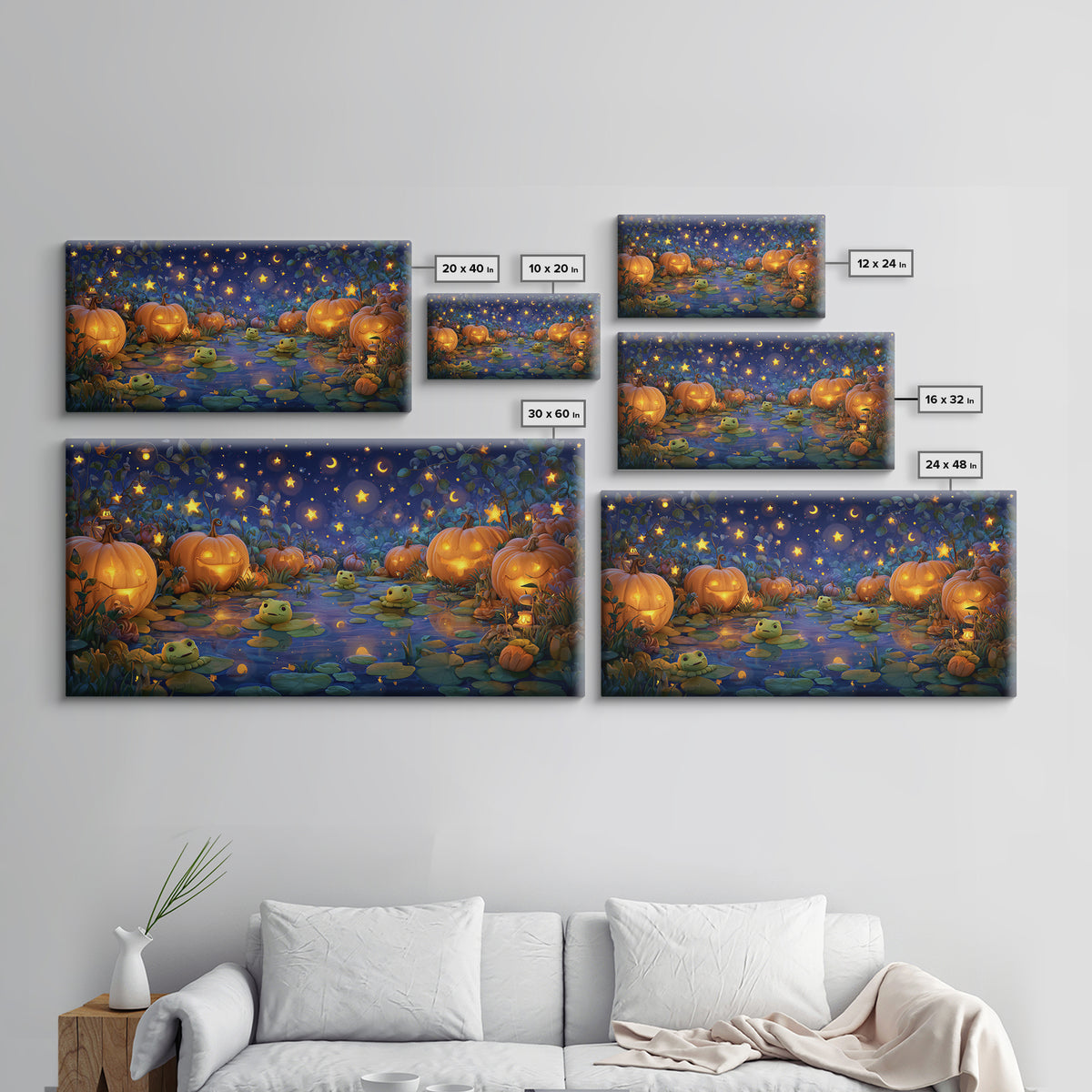 The Star-Filled Pumpkin Pond, Clay Halloween Art, Wide Panoramic Art, Framed Canvas Print, Cute Halloween Wall Art