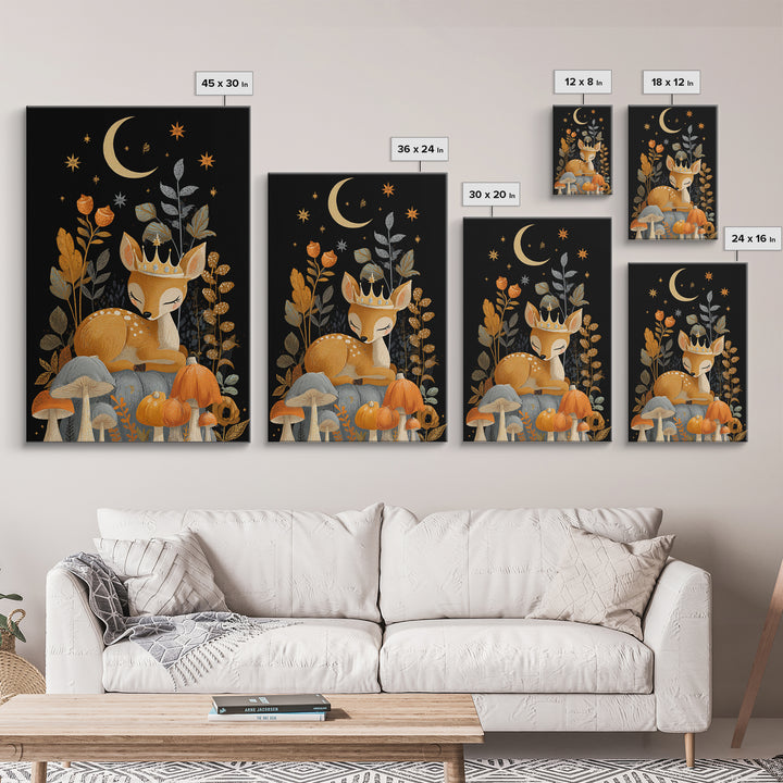 The Moon Princess Deer, Retro Halloween Art, Vertical Wall Art, Canvas Print, Cute Halloween Wall Art