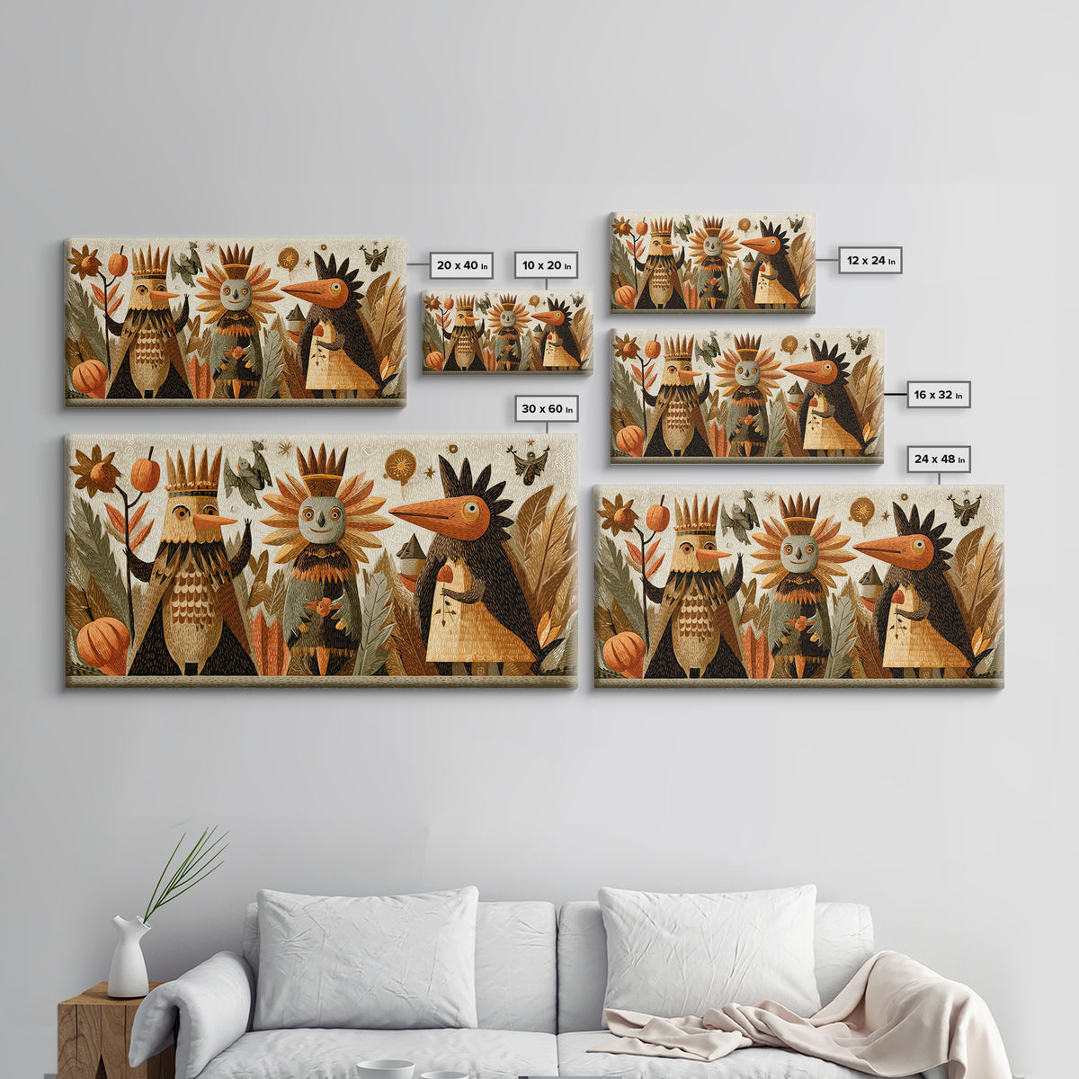 The Autumn Leaf Costume Contest, Linocut Halloween Art, Wide Panoramic Art, Framed Canvas Print, Cute Halloween Wall Art