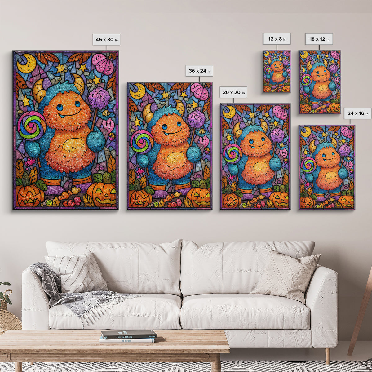 The Rainbow Monster, Stained Glass Halloween, Vertical Wall Art, Canvas Print, Cute Halloween Wall Art