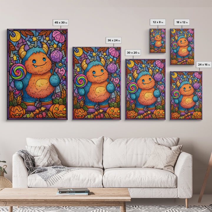 The Rainbow Monster, Stained Glass Halloween, Vertical Wall Art, Canvas Print, Cute Halloween Wall Art