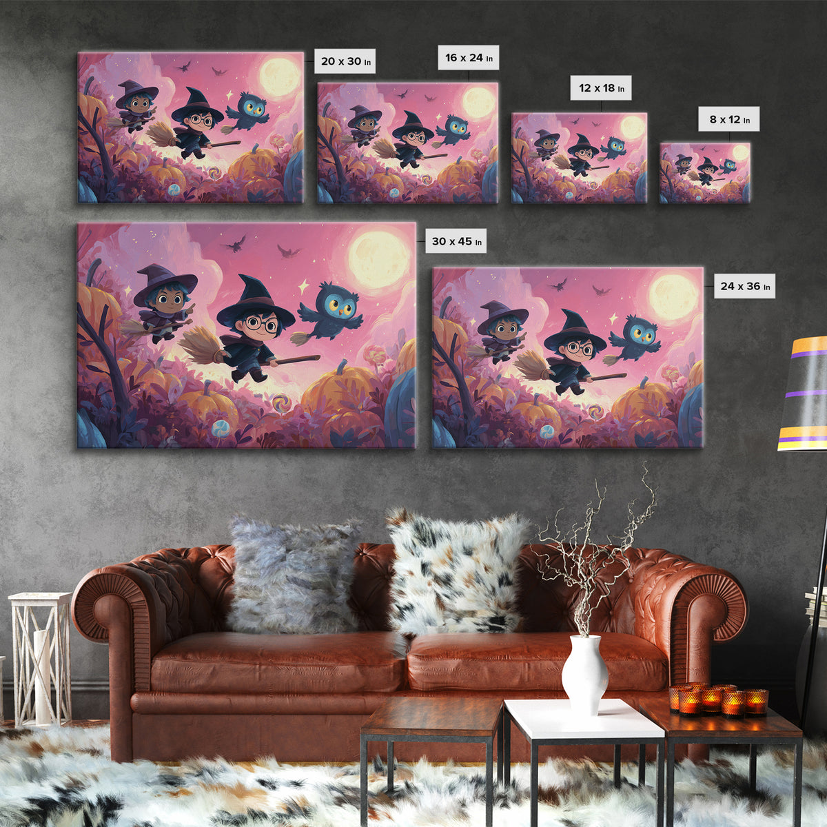 The Broomstick Riding Lesson, Vaporwave Halloween Art, Landscape Wall Art, Framed Canvas Print, Cute Halloween Wall Art
