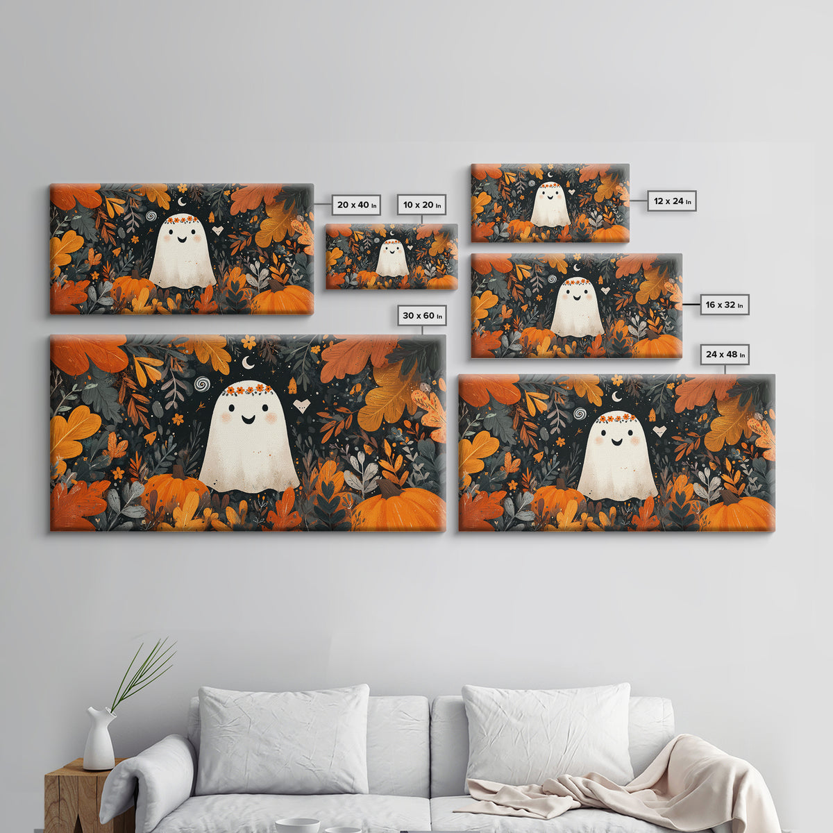 The Ghost With A Flower Crown, Vector Halloween Art, Wide Panoramic Art, Framed Canvas Print, Cute Halloween Wall Art