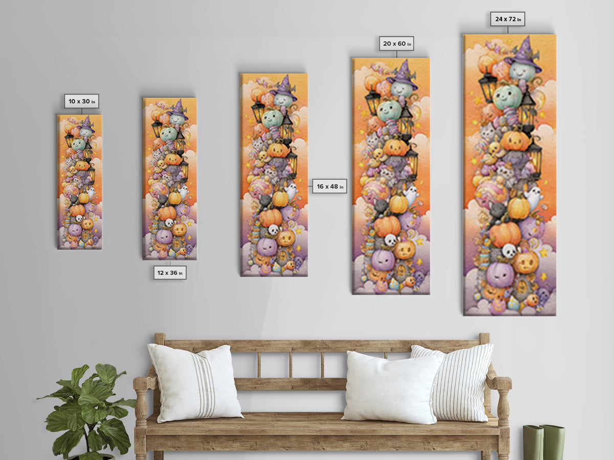 The Festival Of Friendly Frights, Watercolor Halloween Art, Tall Narrow Wall Art, Framed Canvas Print, Cute Halloween Wall Art