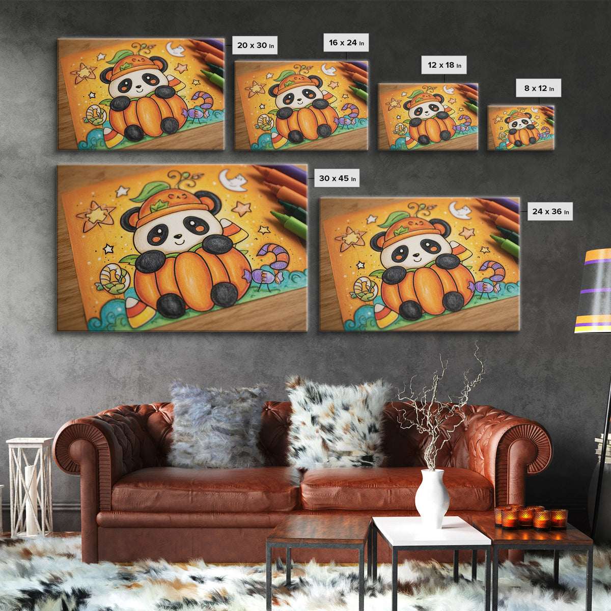 The Panda Pumpkin, Crayon Halloween Art, Landscape Wall Art, Framed Canvas Print, Cute Halloween Wall Art