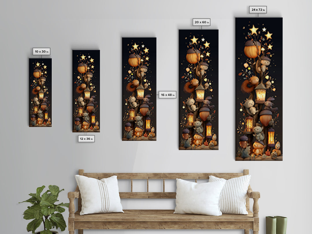 The Acorn Lantern Festival, Clay Halloween Art, Tall Narrow Wall Art, Framed Canvas Print, Cute Halloween Wall Art
