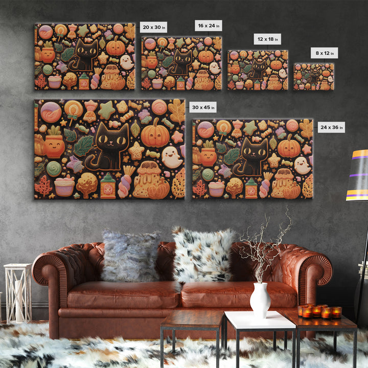 The Black Cat Baker, Kawaii Halloween Art, Landscape Wall Art, Framed Canvas Print, Cute Halloween Wall Art
