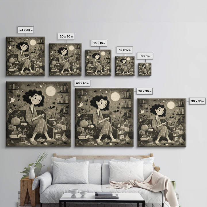 The Moonlight Pajama Witch, Retro Halloween Art, Square Wall Art, Canvas Print, Cute Halloween Wall Art