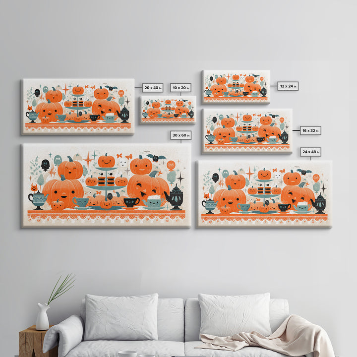 The Pumpkin Tea Party, Screenprint Halloween Art, Wide Panoramic Art, Framed Canvas Print, Cute Halloween Wall Art