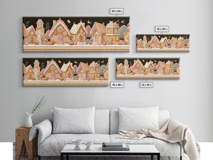 The Halloween Gingerbread Village, Folk Halloween Art, Extra Wide Wall Art, Canvas Print, Cute Halloween Wall Art, Storybook Decor
