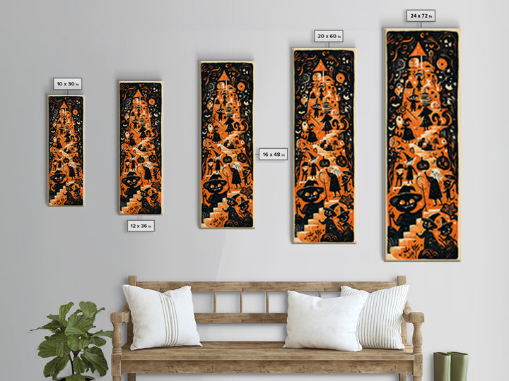 The Witch Hat Ring Toss, Linocut Halloween Art, Tall Narrow Wall Art, Framed Canvas Print, Cute Halloween Wall Art