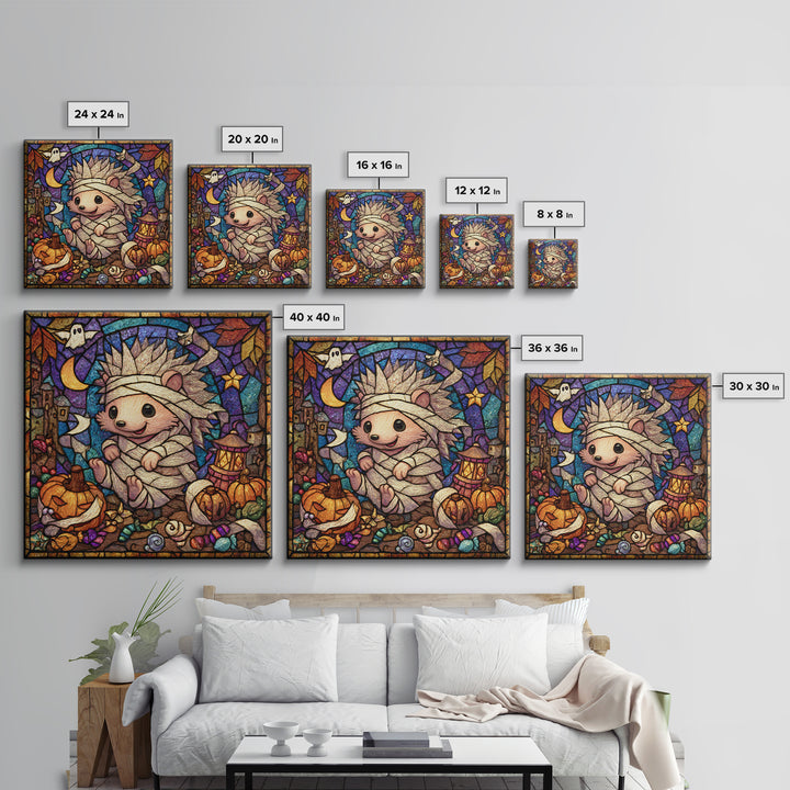 The Hedgehog Mummy, Stained Glass Halloween, Square Wall Art, Canvas Print, Cute Halloween Wall Art, Halloween Kids Decor