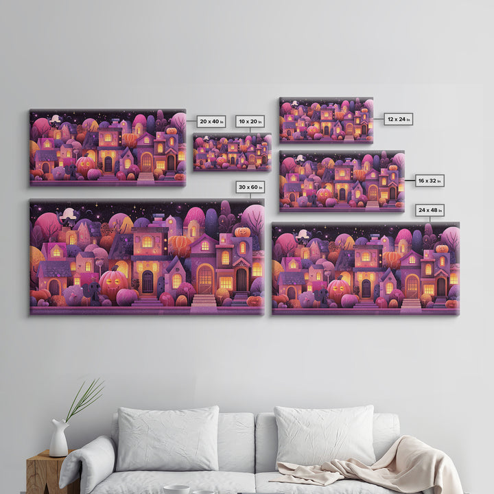 Pumpkin Cottage Lane, Vaporwave Halloween Art, Wide Panoramic Art, Framed Canvas Print, Cute Halloween Wall Art