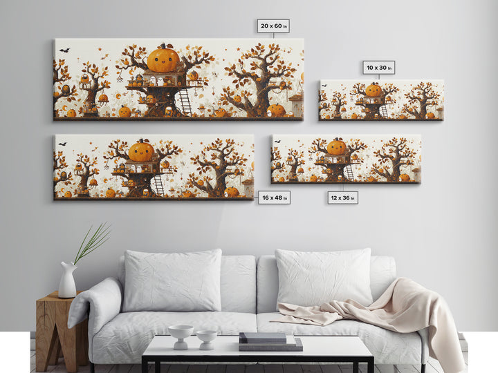 The Pumpkin Treehouse, Pixel Halloween Art, Extra Wide Wall Art, Canvas Print, Cute Halloween Wall Art