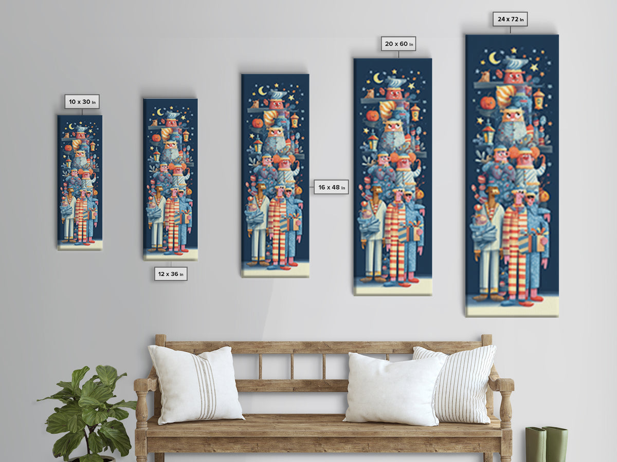 The Monster Pajama Parade, Vector Halloween Art, Tall Narrow Wall Art, Framed Canvas Print, Cute Halloween Wall Art