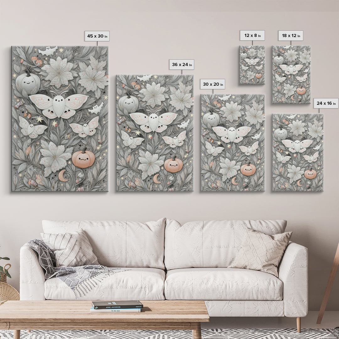 The Moon-Moth Garden, Hand Sketch Halloween Art, Vertical Wall Art, Canvas Print, Cute Halloween Wall Art