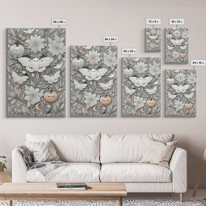 The Moon-Moth Garden, Hand Sketch Halloween Art, Vertical Wall Art, Canvas Print, Cute Halloween Wall Art