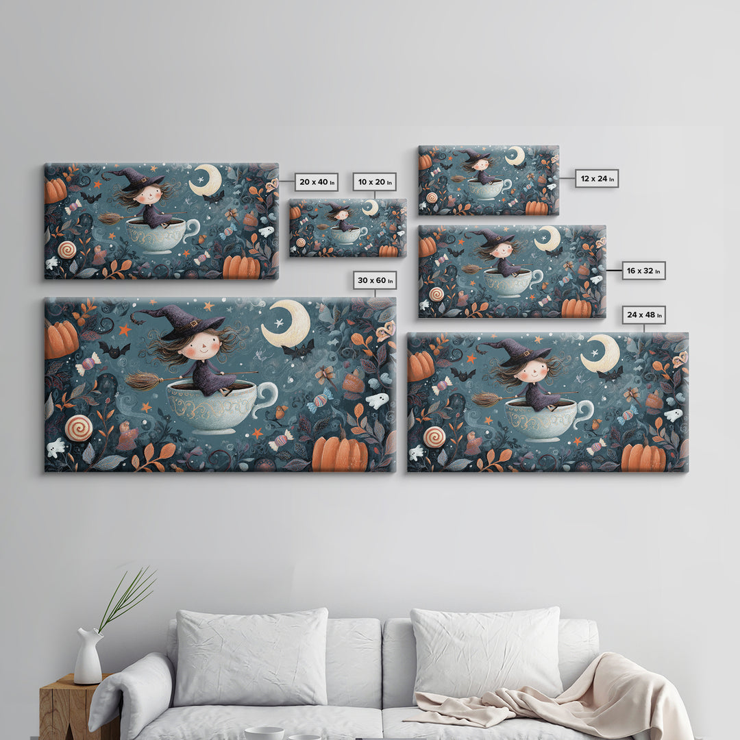 The Teacup Witch, Crayon Halloween Art, Wide Panoramic Art, Framed Canvas Print, Cute Halloween Wall Art