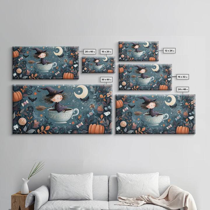 The Teacup Witch, Crayon Halloween Art, Wide Panoramic Art, Framed Canvas Print, Cute Halloween Wall Art