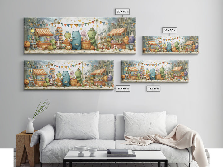 The Friendly Monster Market, Pastel Halloween Art, Extra Wide Wall Art, Canvas Print, Cute Halloween Wall Art