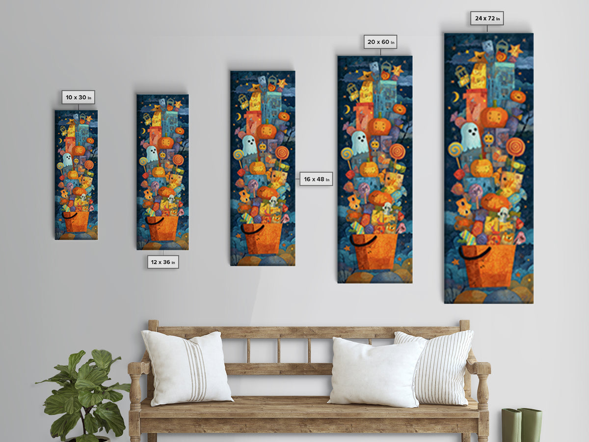 The Candy Basket Sleepover, Paper Collage Halloween, Tall Narrow Wall Art, Framed Canvas Print, Cute Halloween Wall Art