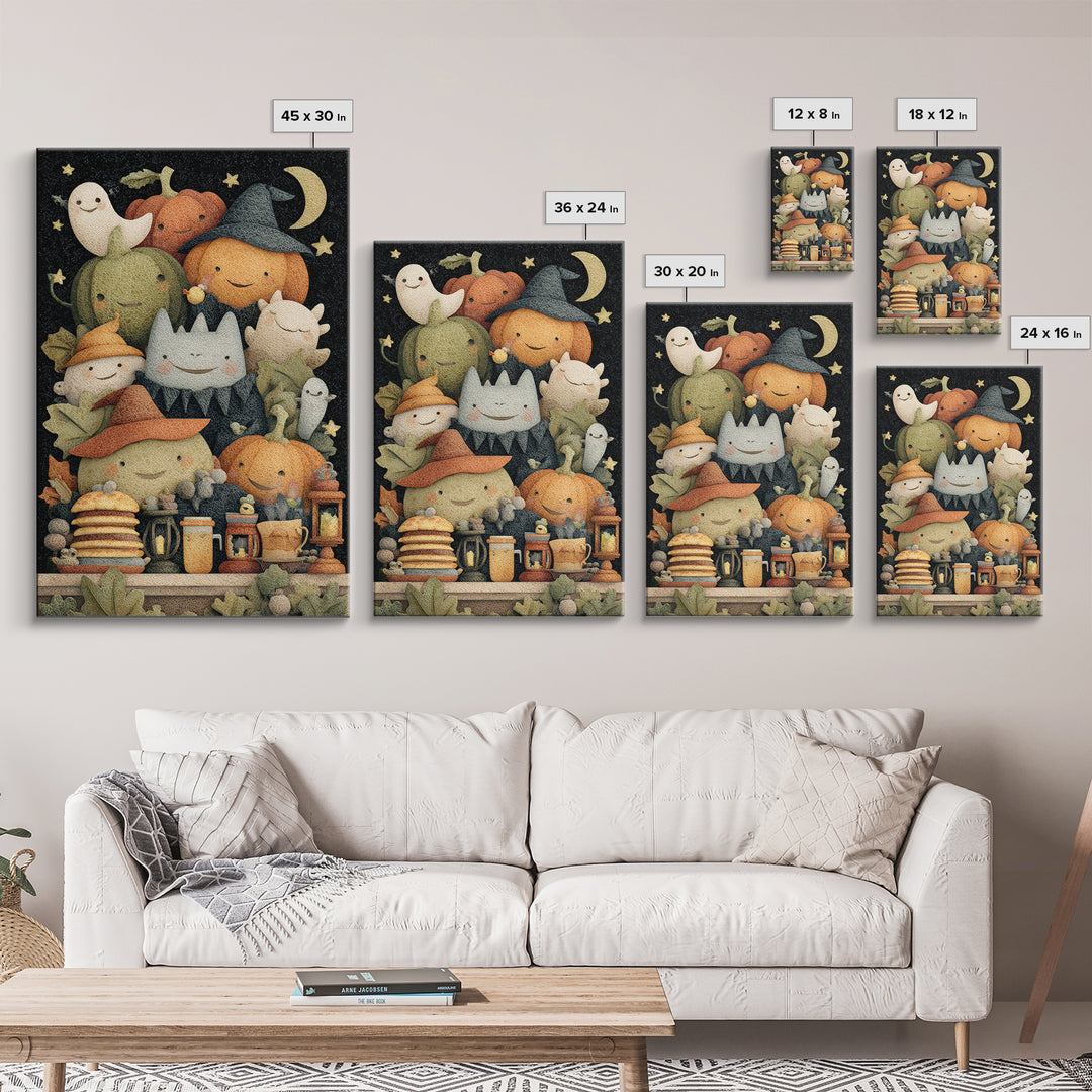 The Pumpkin Pancake Breakfast, Felt Halloween Art, Vertical Wall Art, Canvas Print, Cute Halloween Wall Art