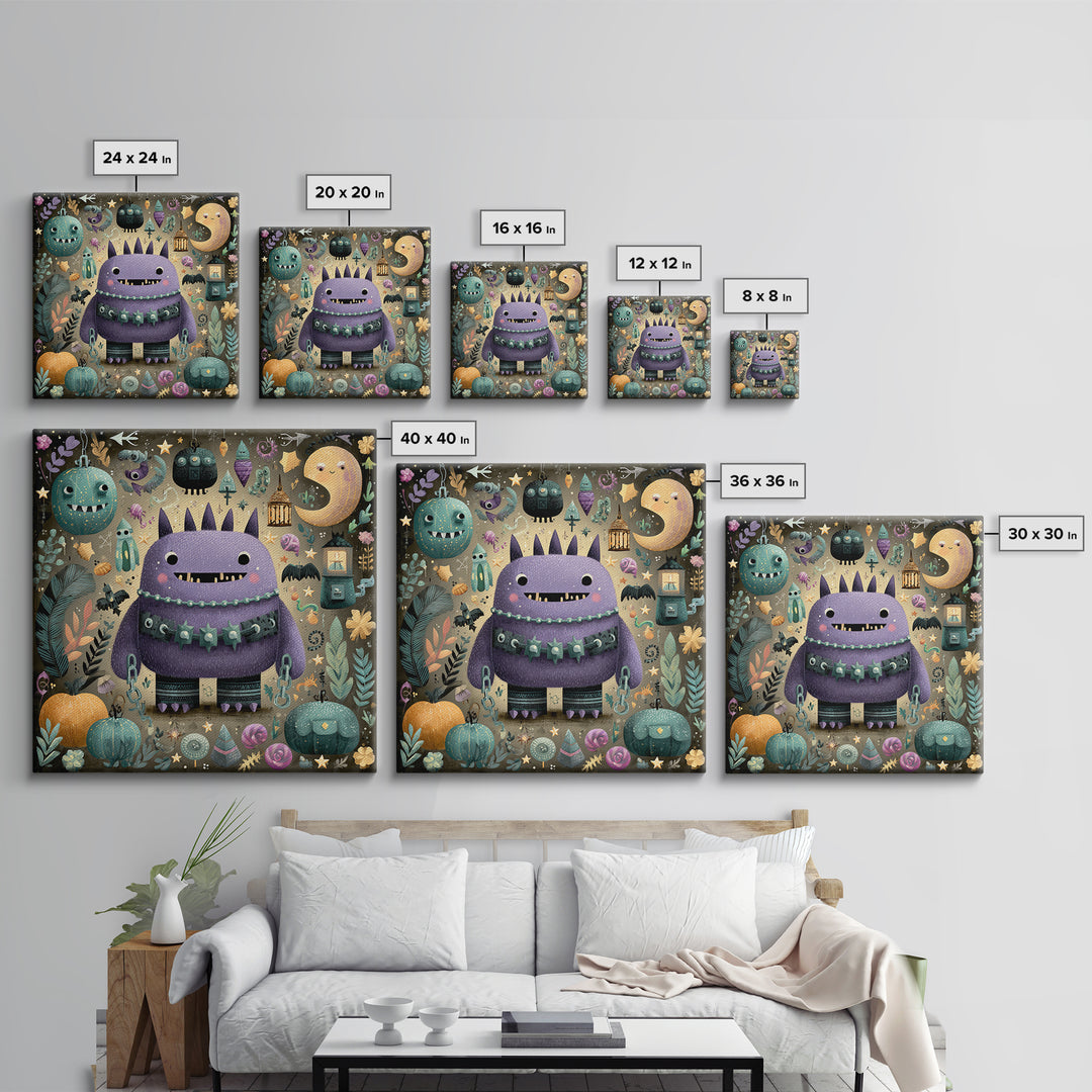 The Moonlit Shoggoth Menagerie, Plush Halloween Art, Square Wall Art, Canvas Print, Cute Halloween Wall Art