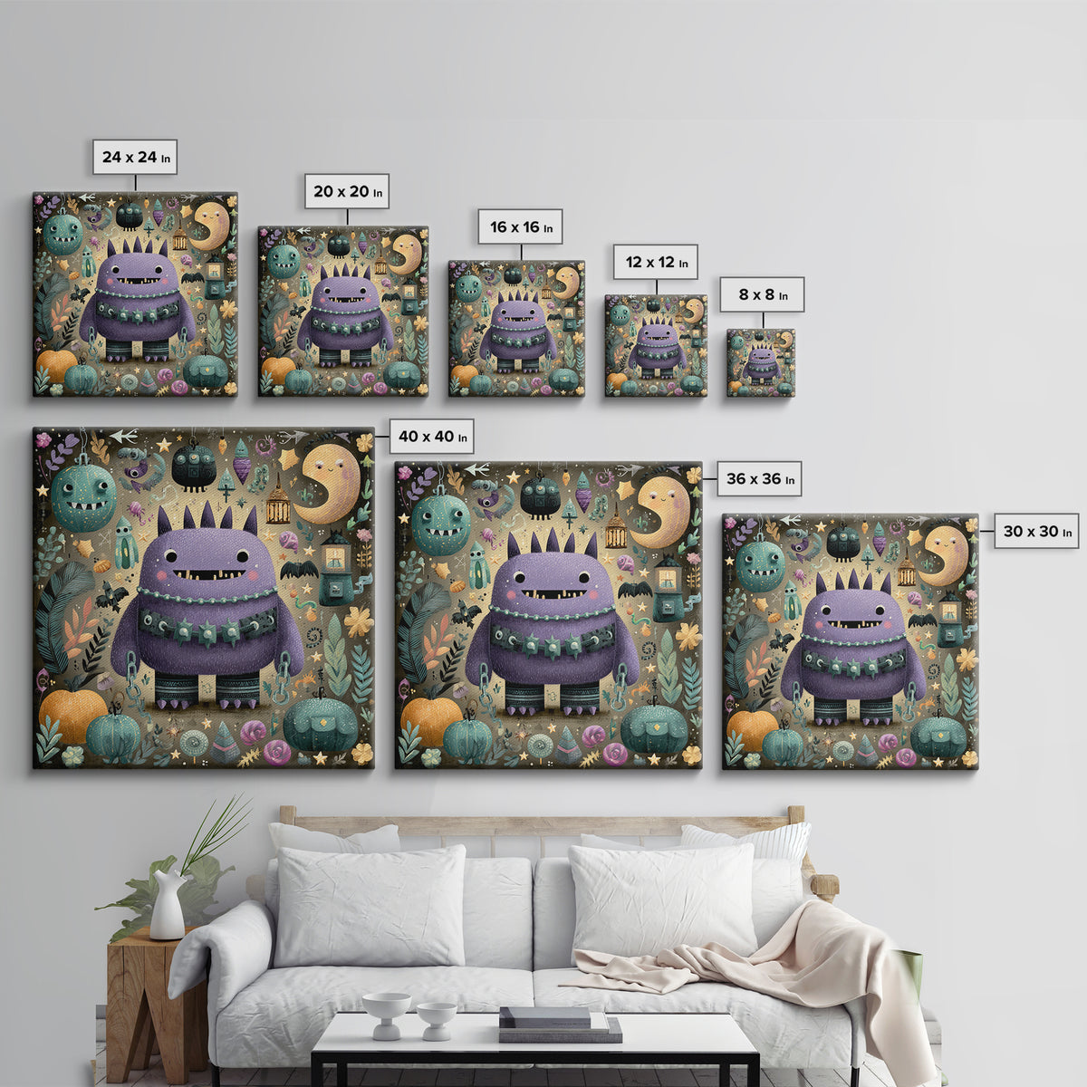 The Moonlit Shoggoth Menagerie, Plush Halloween Art, Square Wall Art, Canvas Print, Cute Halloween Wall Art