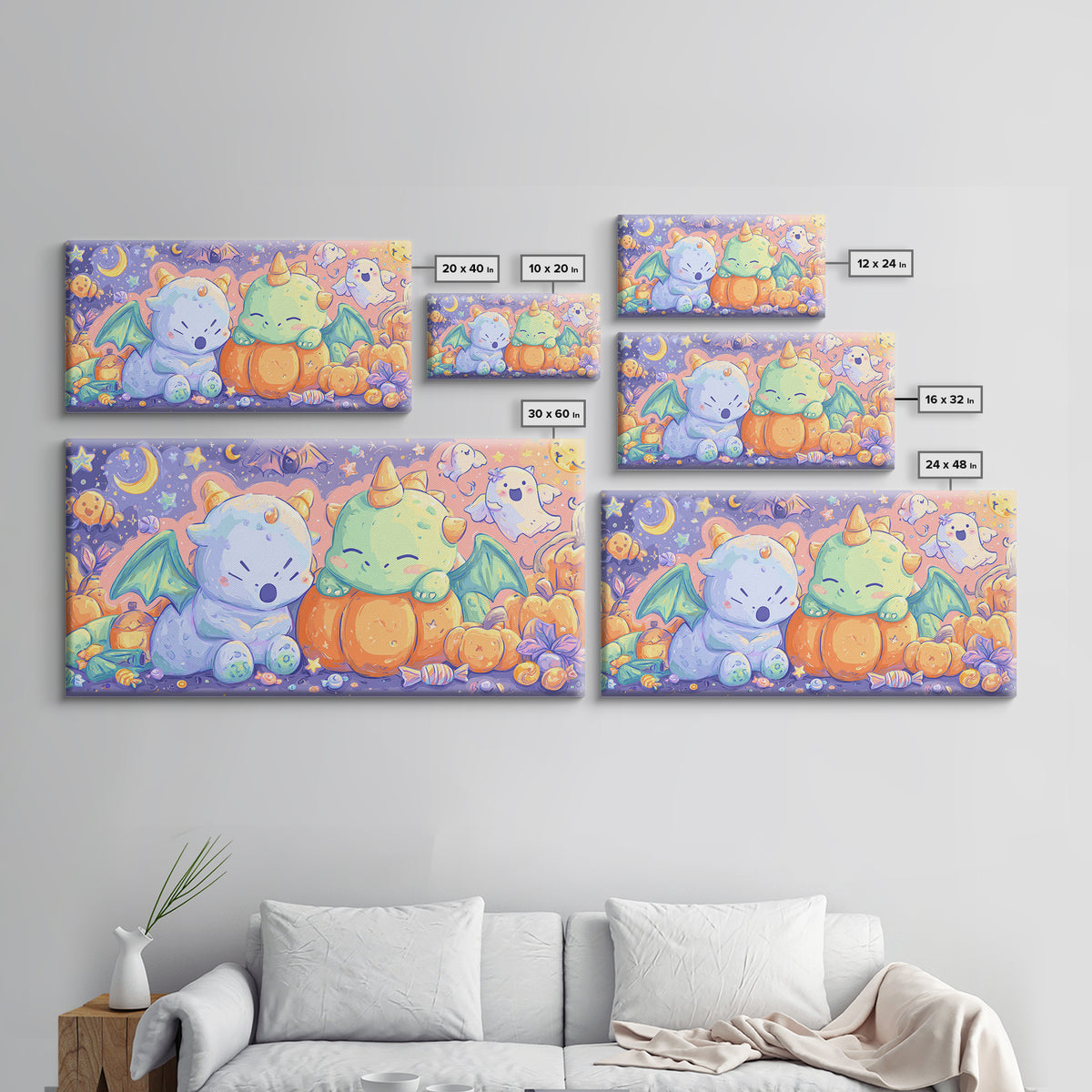 The Sleepy Costume Dragon, Kawaii Halloween Art, Wide Panoramic Art, Framed Canvas Print, Cute Halloween Wall Art