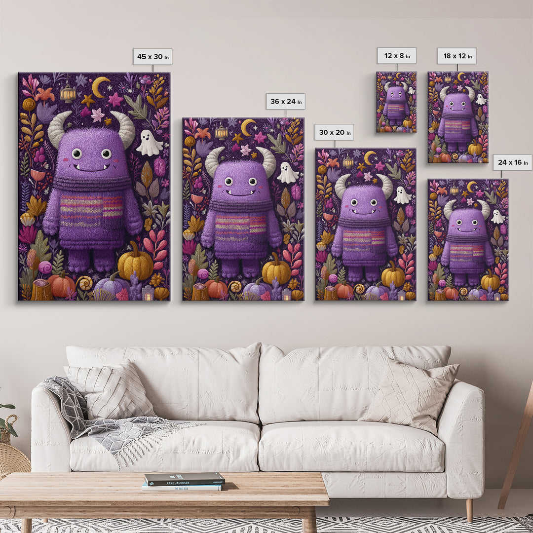 The Fuzzy Purple Monster, Folk Halloween Art, Vertical Wall Art, Canvas Print, Cute Halloween Wall Art