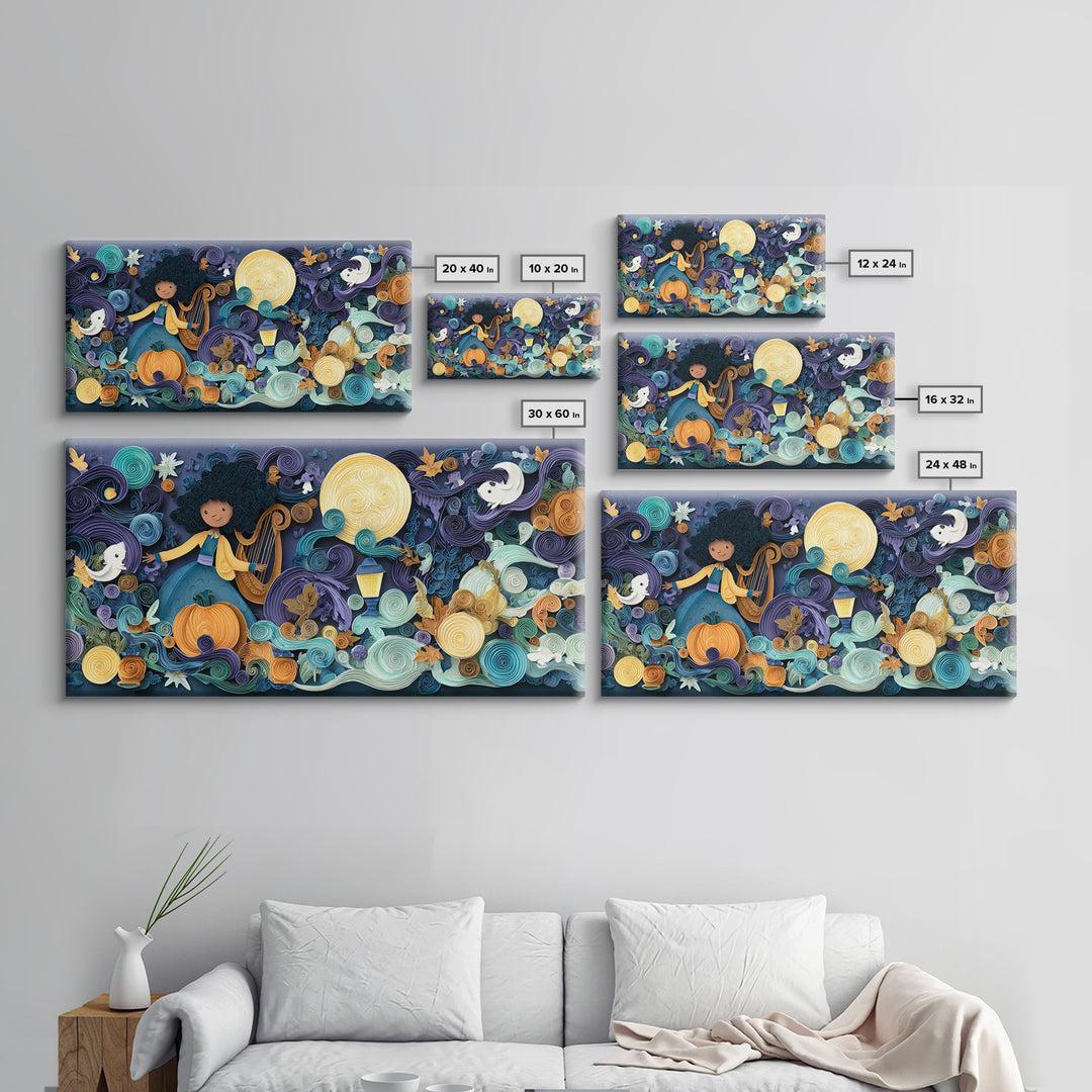 The Harpist Of Abyssal Sleep, Quilled Halloween Art, Wide Panoramic Art, Framed Canvas Print, Cute Halloween Wall Art